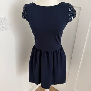 Aqua Navy Beaded Sleeve Dress Women’s Medium Embellished Cap Sleeve Cocktail*D27